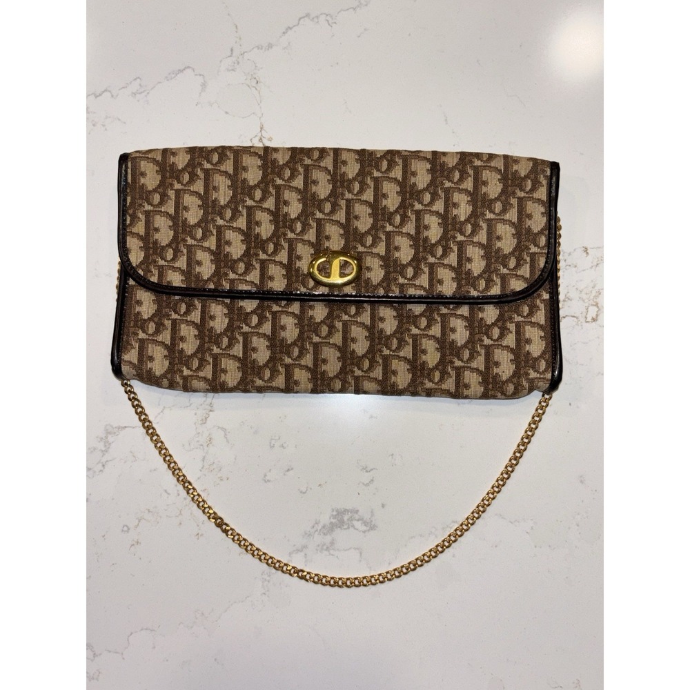 Dior Monogram Trotter Beige Brown Clutch Bag‎ Gold Chain Shoulder Bag